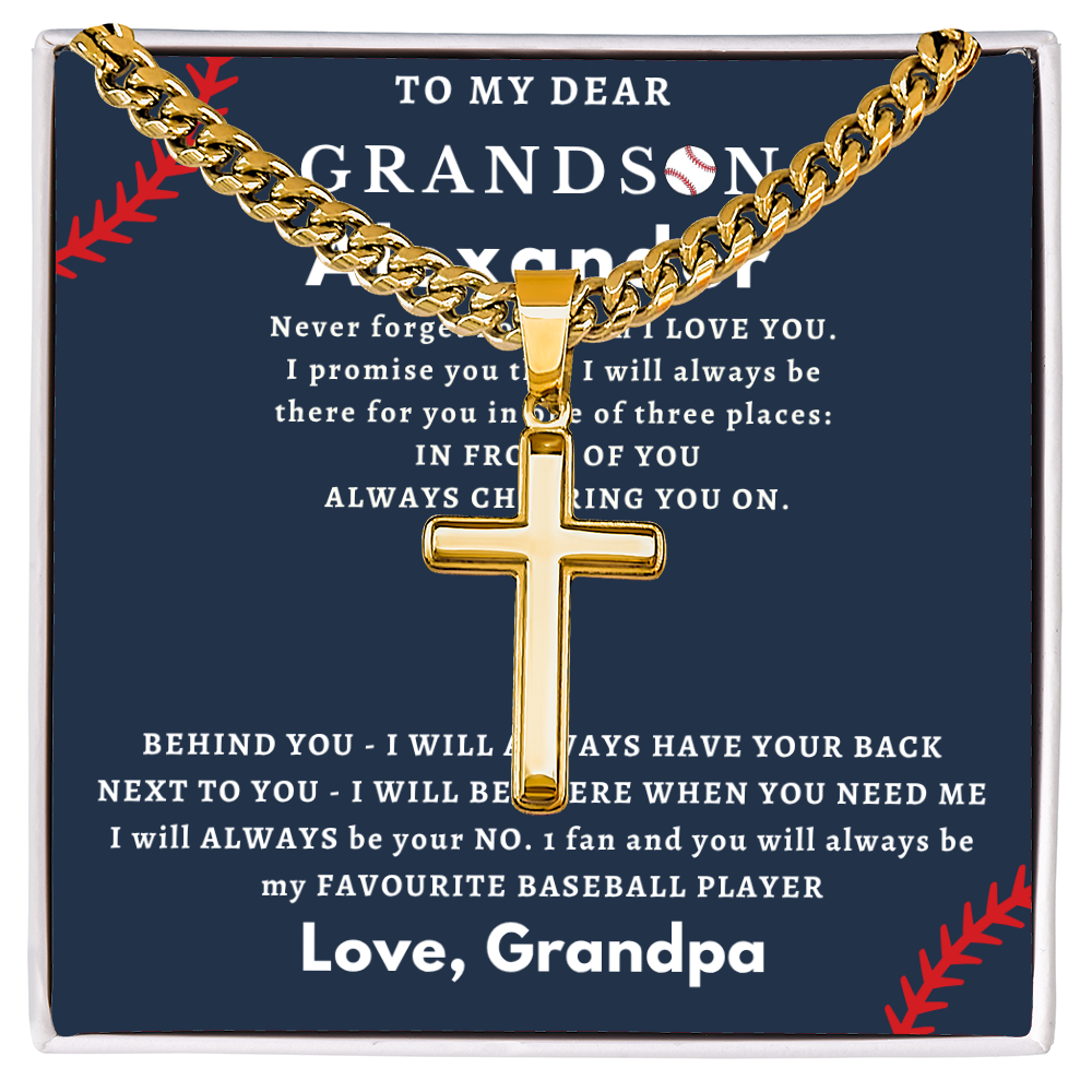 Personalized Gift for Grandson Who Loves Baseball - Cuban Chain Necklace with Cross
