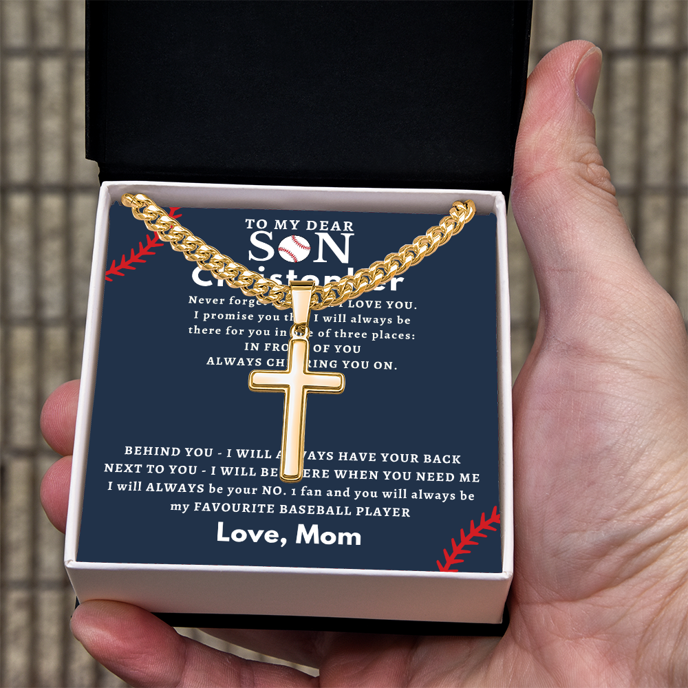 Personalized Gift for Son Who Loves Baseball - Cuban Chain Necklace with Cross
