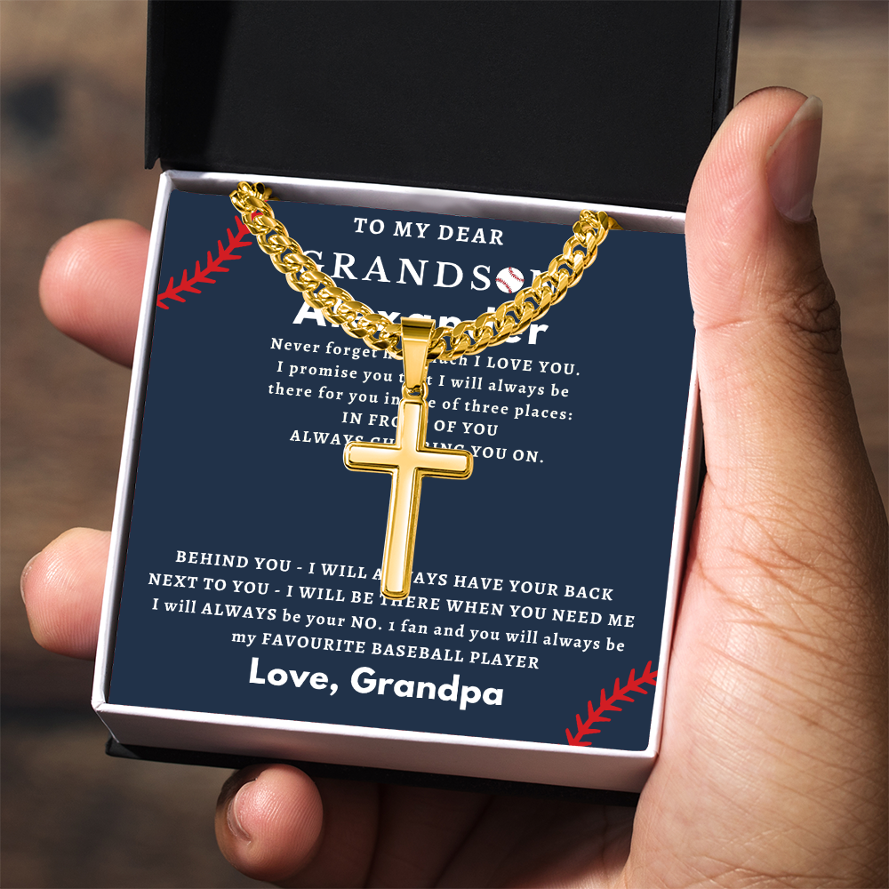 Personalized Gift for Grandson Who Loves Baseball - Cuban Chain Necklace with Cross