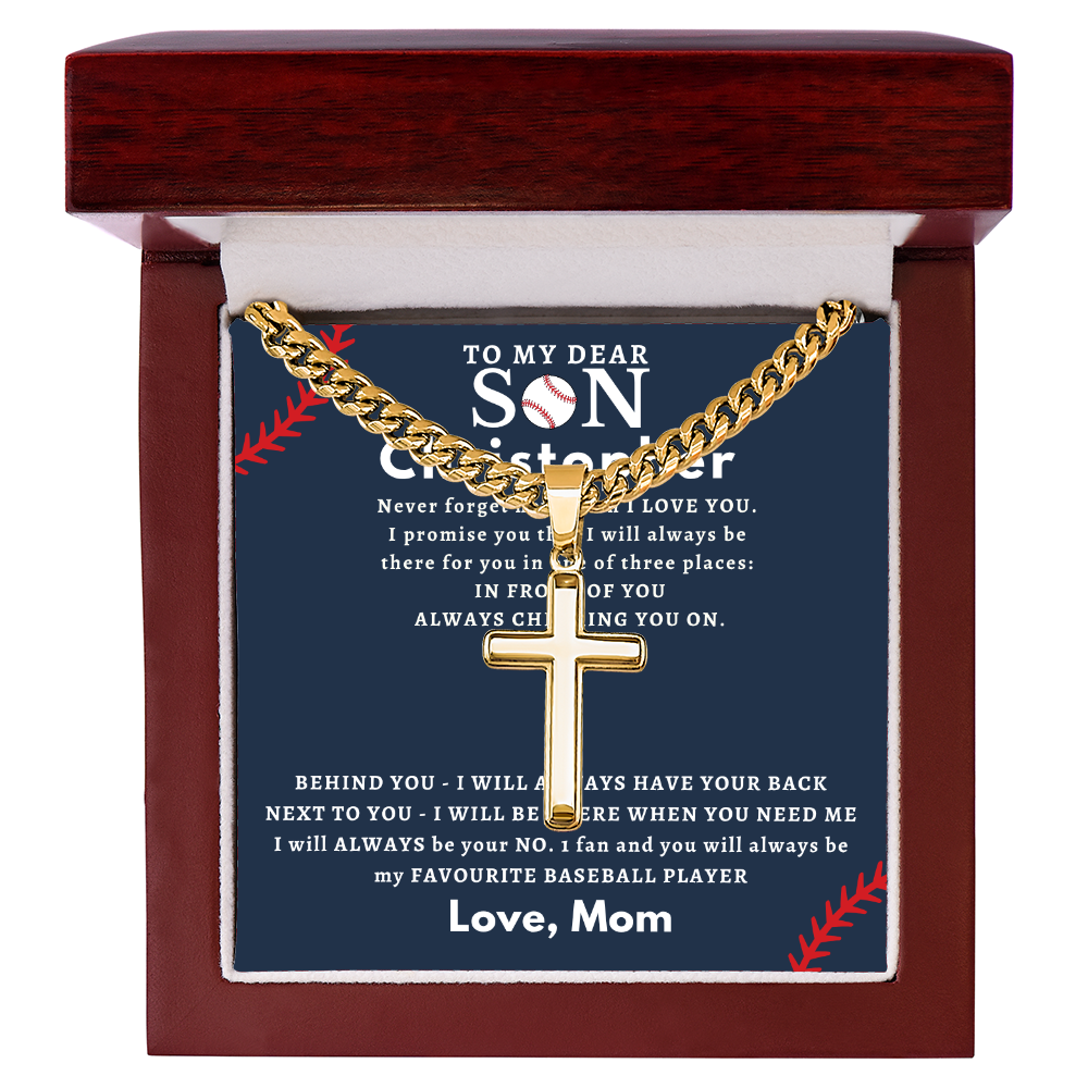 Personalized Gift for Son Who Loves Baseball - Cuban Chain Necklace with Cross