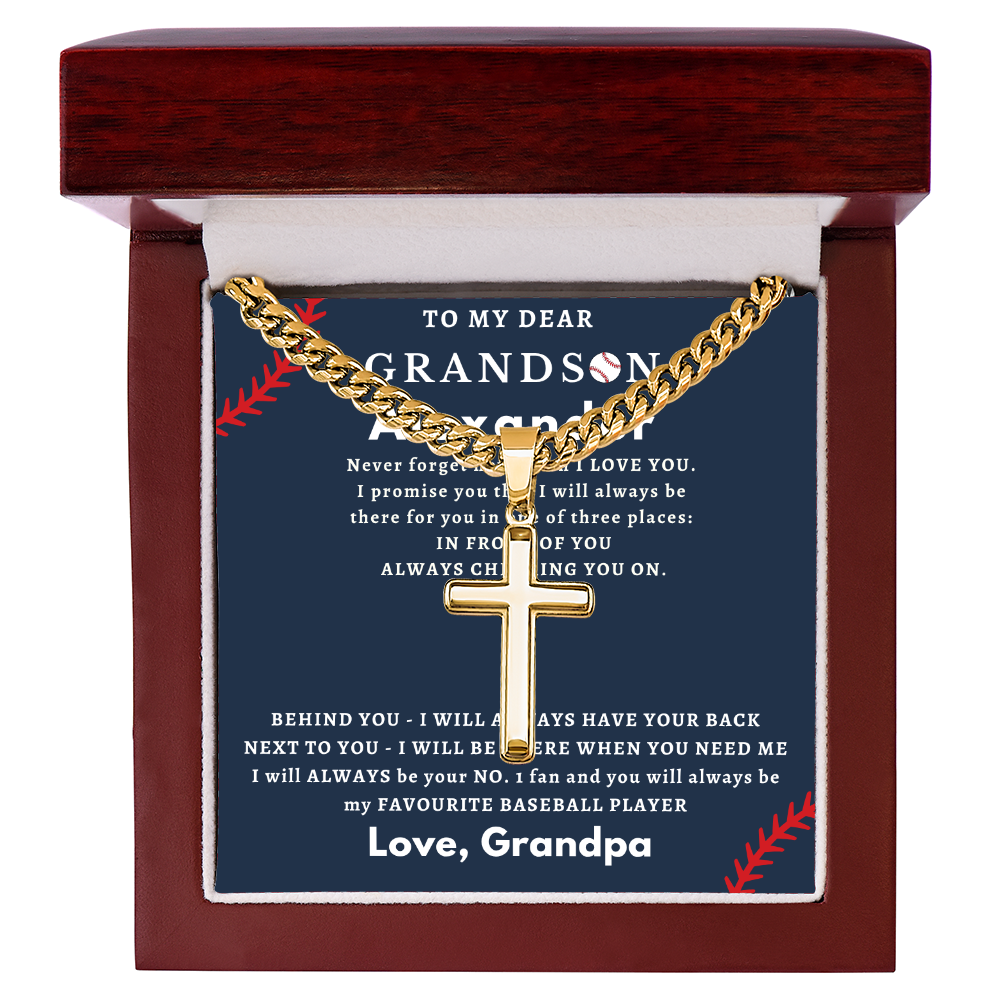 Personalized Gift for Grandson Who Loves Baseball - Cuban Chain Necklace with Cross