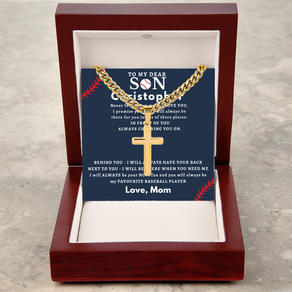 Personalized Gift for Son Who Loves Baseball - Cuban Chain Necklace with Cross