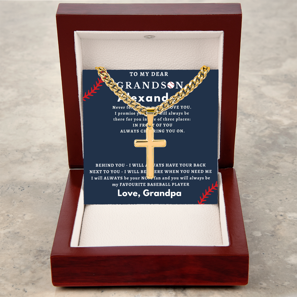 Personalized Gift for Grandson Who Loves Baseball - Cuban Chain Necklace with Cross