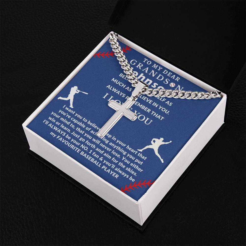 Personalized Baseball Fan Gift for Grandson Believe in Yourself - Cuban Link Chain Necklace with Cross