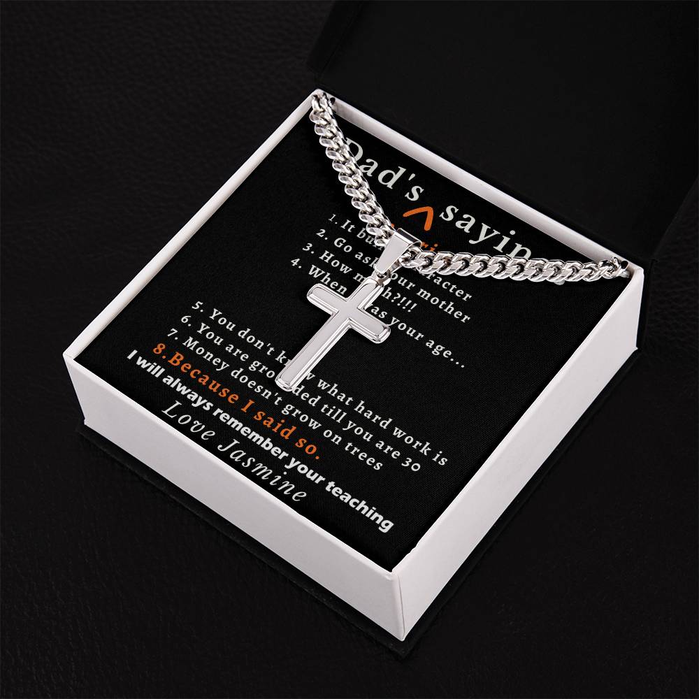 Personalized Dads Favorite Sayings Gift - Cuban Chain Necklace with Cross