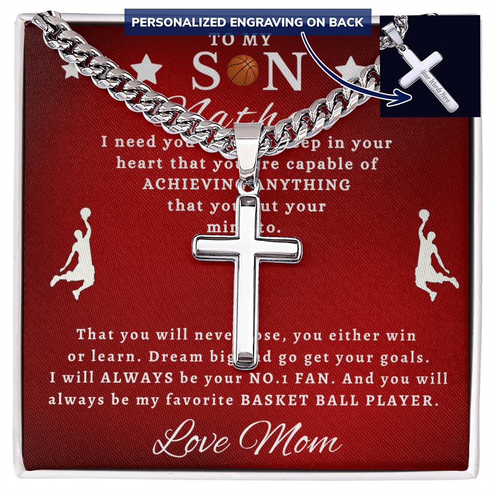 Personalized Gift for Son Basketball Game Lover - Cuban Link Chain Necklace with Cross
