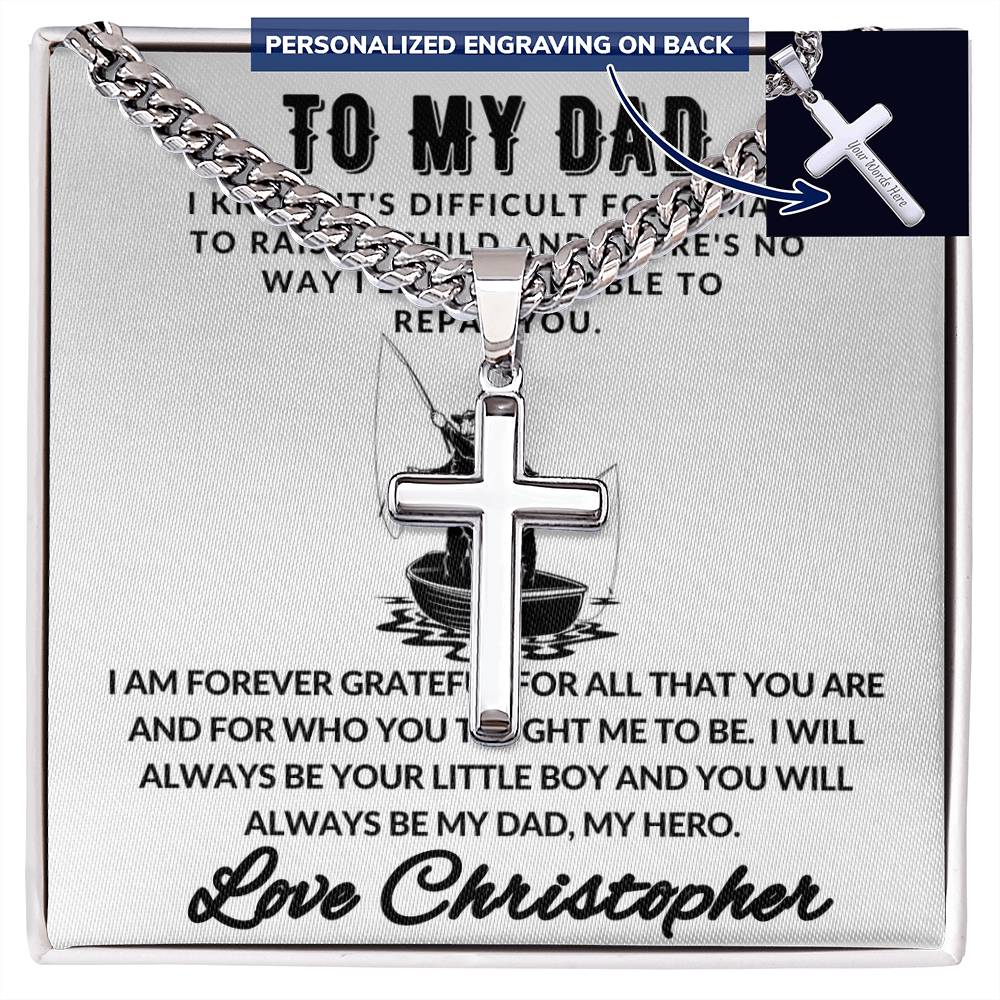 Personalized Dad Fishing Gift - Cuban Chain Necklace with Cross