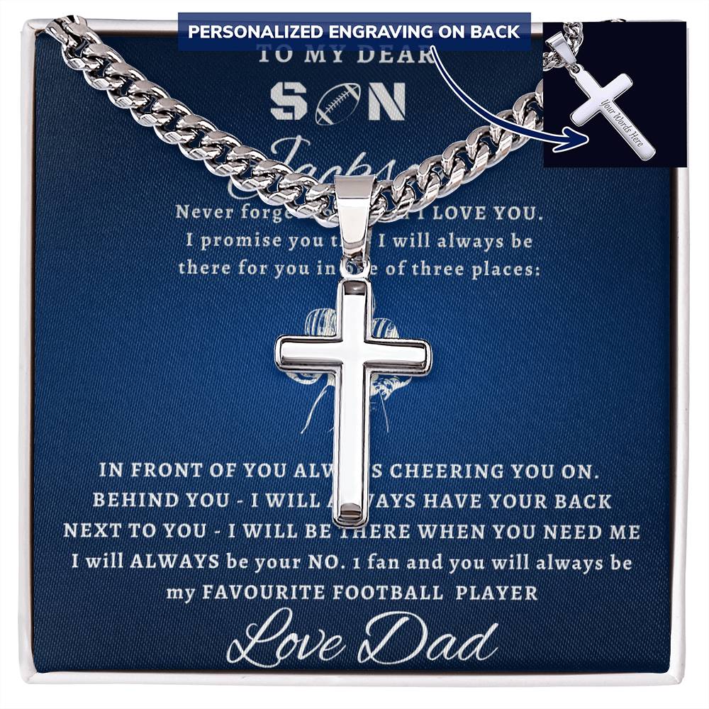 Personalized Gift for Football Lover Son - Cuban Link Chain Necklace with Cross
