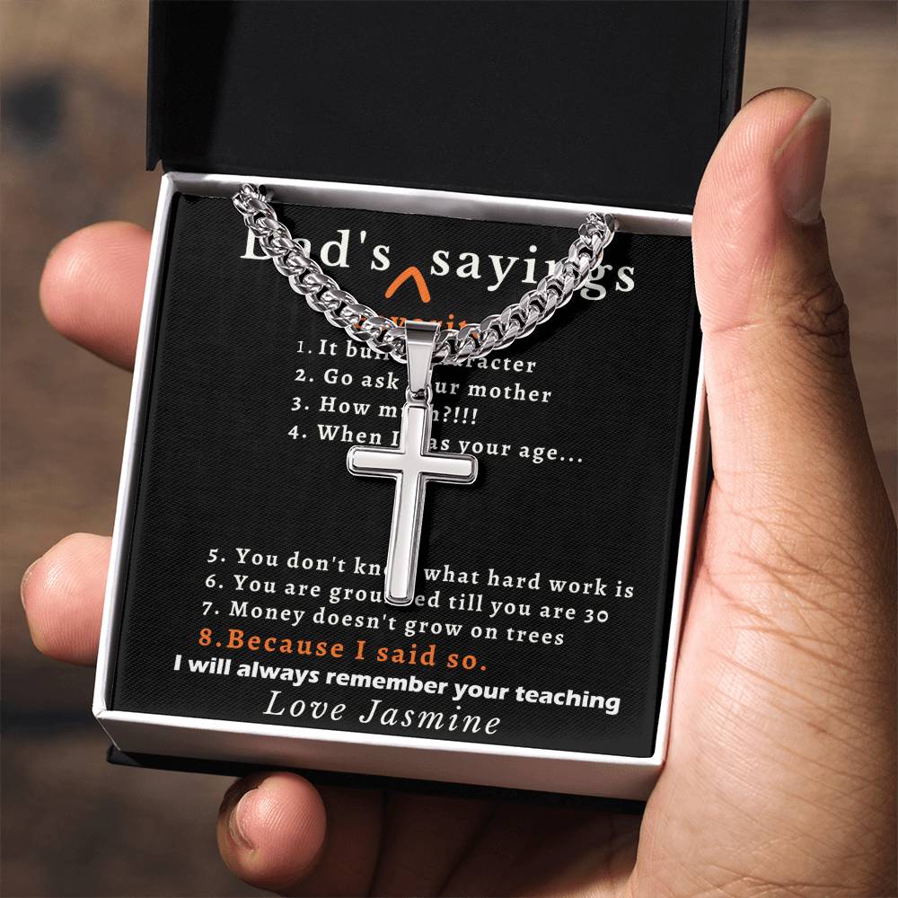 Personalized Dads Favorite Sayings Gift - Cuban Chain Necklace with Cross