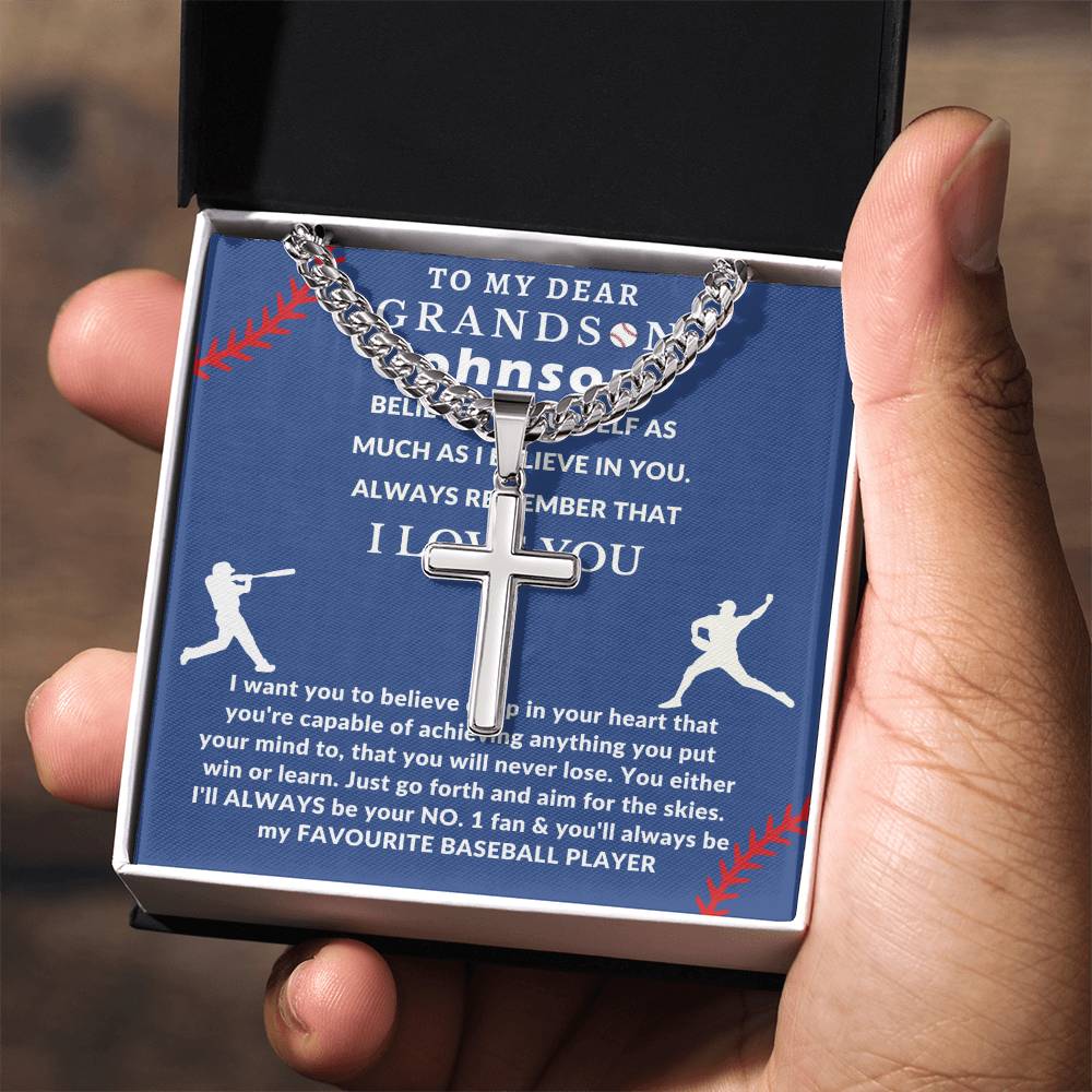 Personalized Baseball Fan Gift for Grandson Believe in Yourself - Cuban Link Chain Necklace with Cross