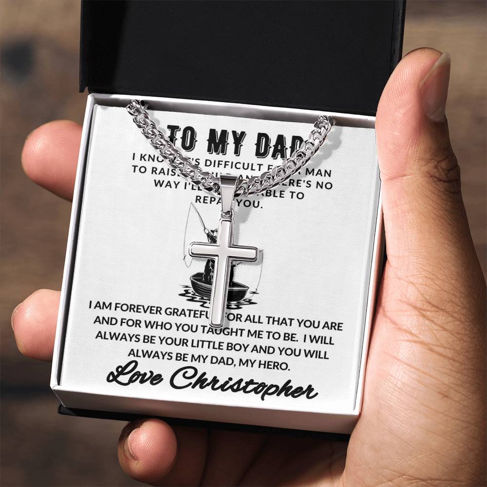 Personalized Dad Fishing Gift - Cuban Chain Necklace with Cross