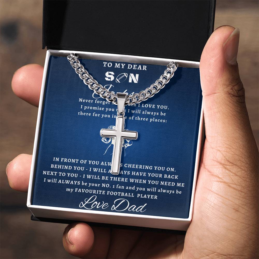 Personalized Gift for Football Lover Son - Cuban Link Chain Necklace with Cross