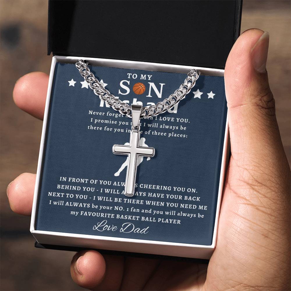 Personalized Gift for Basketball Lover Son - Cuban Link Chain Necklace with Cross