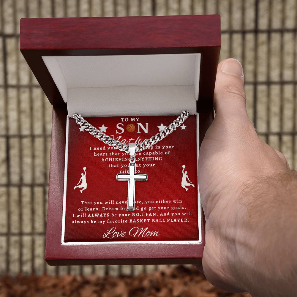 Personalized Gift for Son Basketball Game Lover - Cuban Link Chain Necklace with Cross