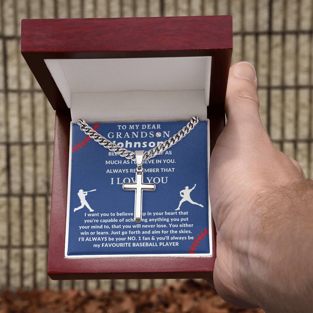 Personalized Baseball Fan Gift for Grandson Believe in Yourself - Cuban Link Chain Necklace with Cross