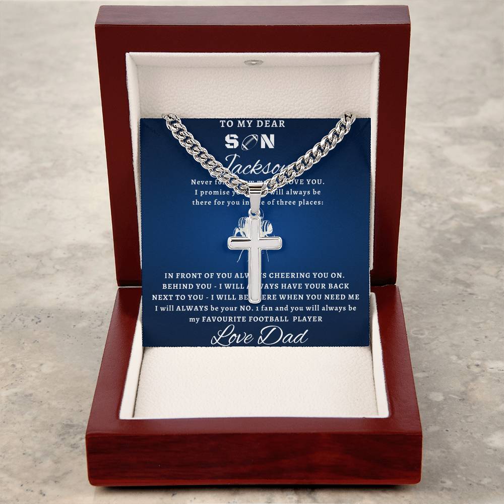 Personalized Gift for Football Lover Son - Cuban Link Chain Necklace with Cross