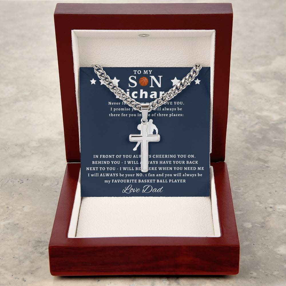 Personalized Gift for Basketball Lover Son - Cuban Link Chain Necklace with Cross