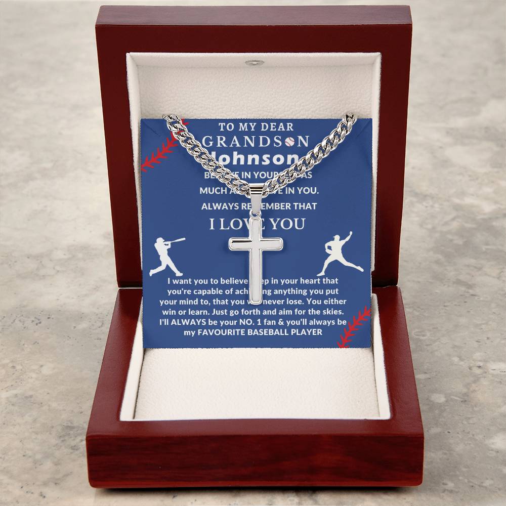 Personalized Baseball Fan Gift for Grandson Believe in Yourself - Cuban Link Chain Necklace with Cross