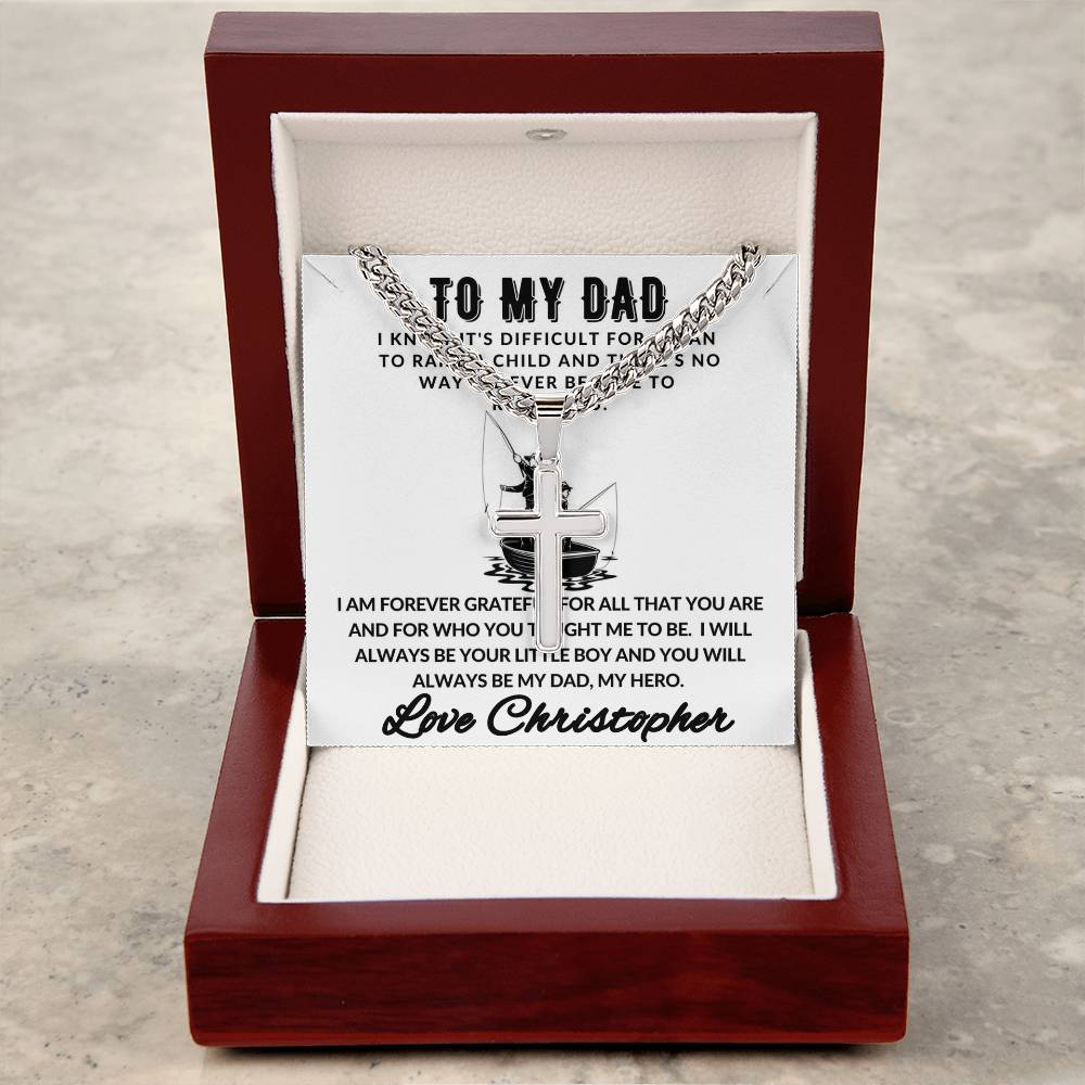Personalized Dad Fishing Gift - Cuban Chain Necklace with Cross