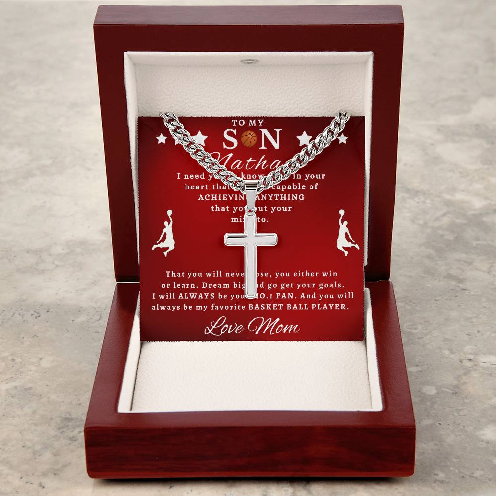 Personalized Gift for Son Basketball Game Lover - Cuban Link Chain Necklace with Cross