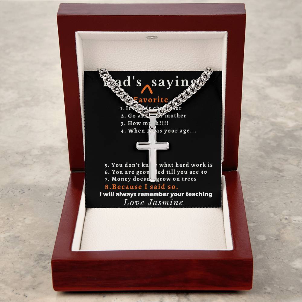 Personalized Dads Favorite Sayings Gift - Cuban Chain Necklace with Cross