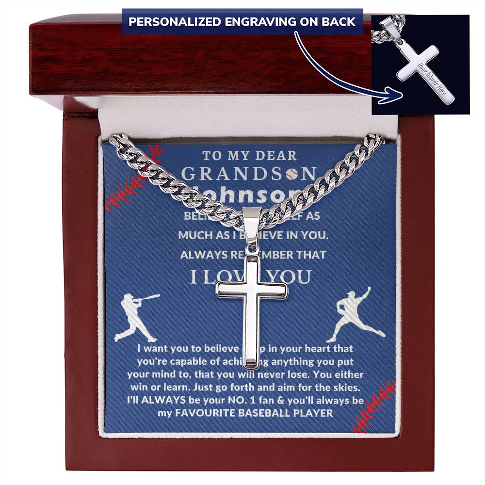 Personalized Baseball Fan Gift for Grandson Believe in Yourself - Cuban Link Chain Necklace with Cross