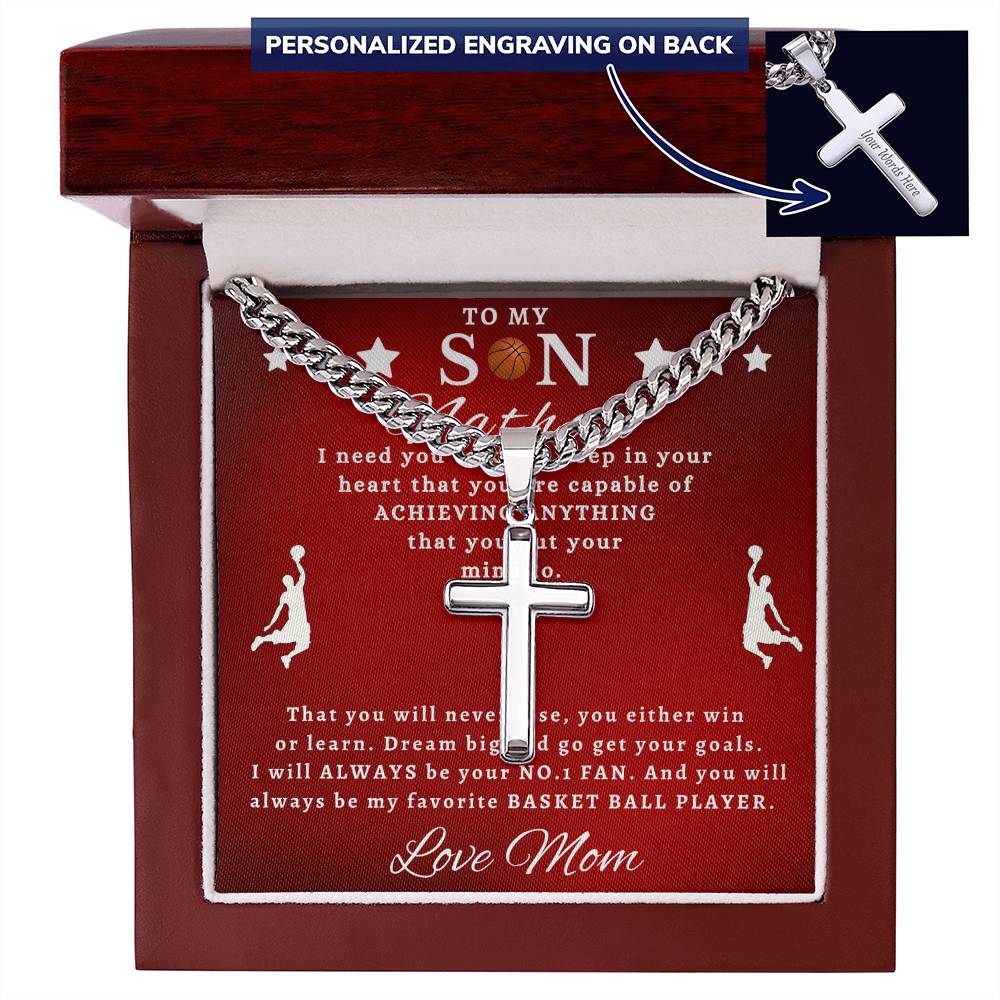 Personalized Gift for Son Basketball Game Lover - Cuban Link Chain Necklace with Cross