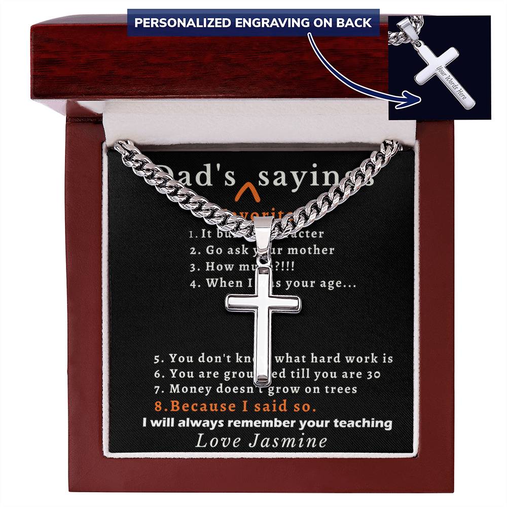 Personalized Dads Favorite Sayings Gift - Cuban Chain Necklace with Cross