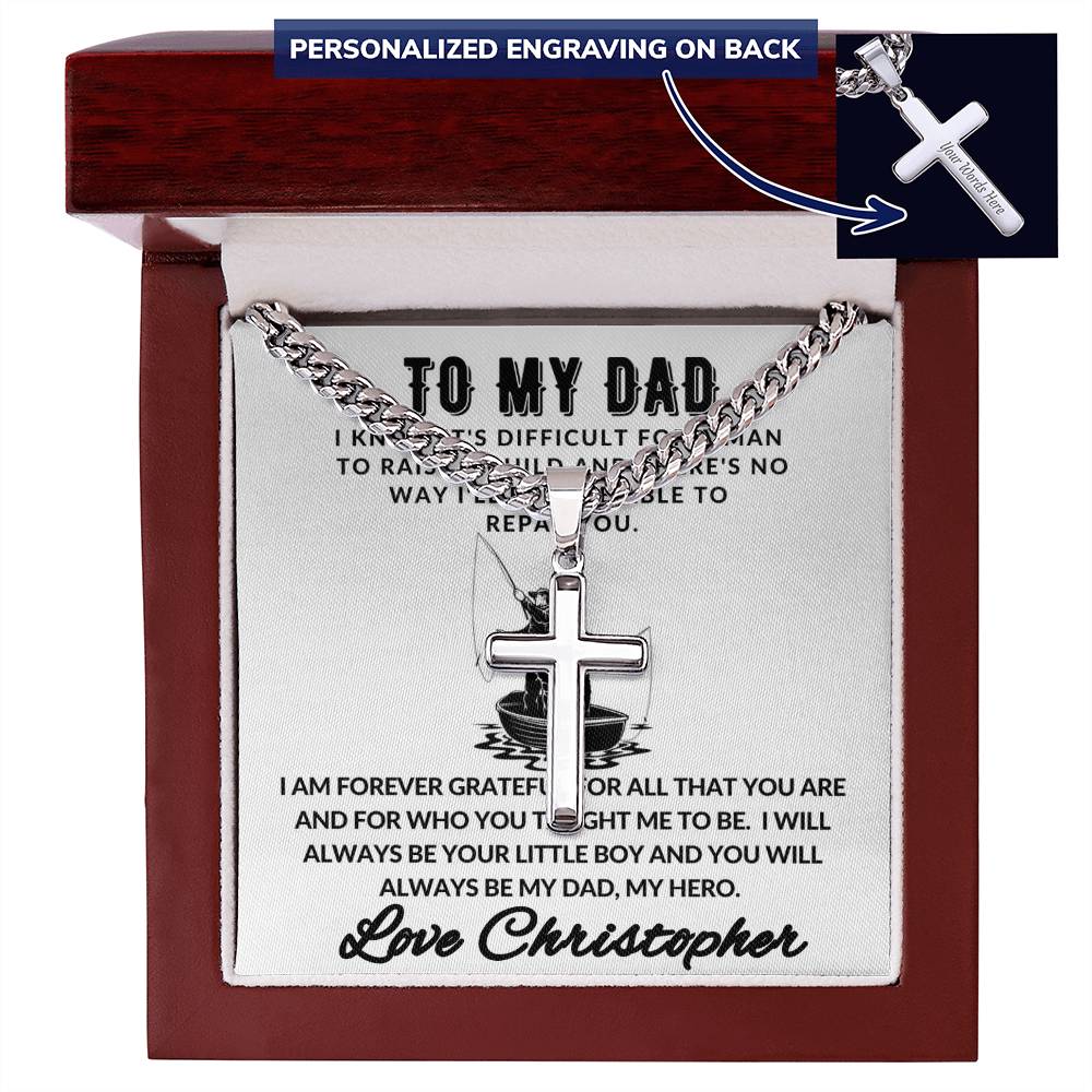 Personalized Dad Fishing Gift - Cuban Chain Necklace with Cross