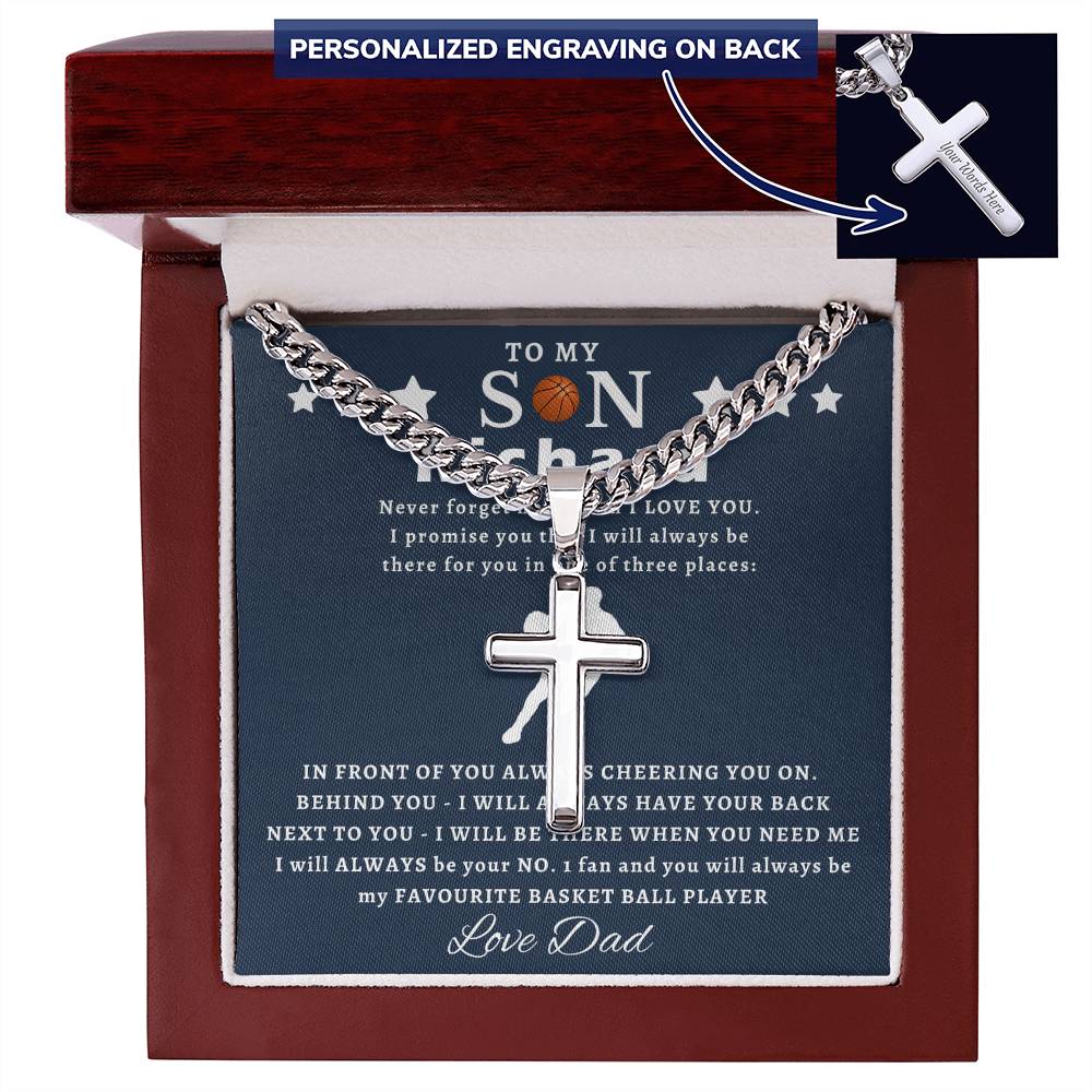 Personalized Gift for Basketball Lover Son - Cuban Link Chain Necklace with Cross
