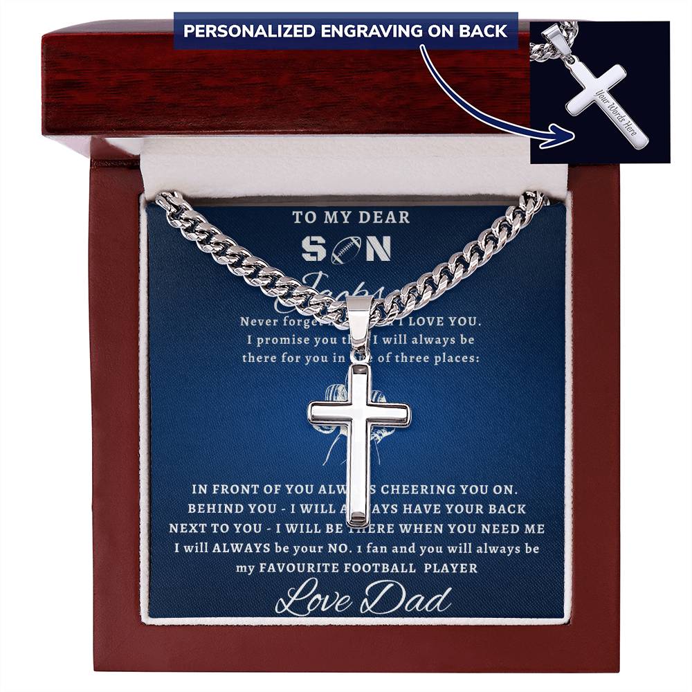 Personalized Gift for Football Lover Son - Cuban Link Chain Necklace with Cross