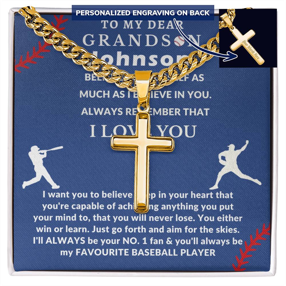 Personalized Baseball Fan Gift for Grandson Believe in Yourself - Cuban Link Chain Necklace with Cross