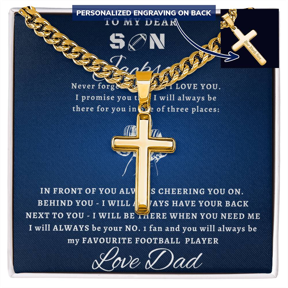 Personalized Gift for Football Lover Son - Cuban Link Chain Necklace with Cross