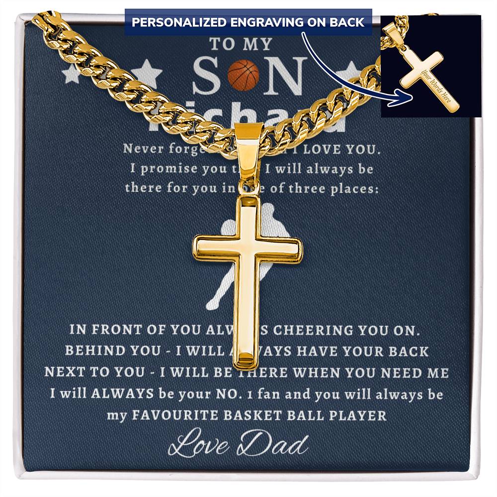 Personalized Gift for Basketball Lover Son - Cuban Link Chain Necklace with Cross