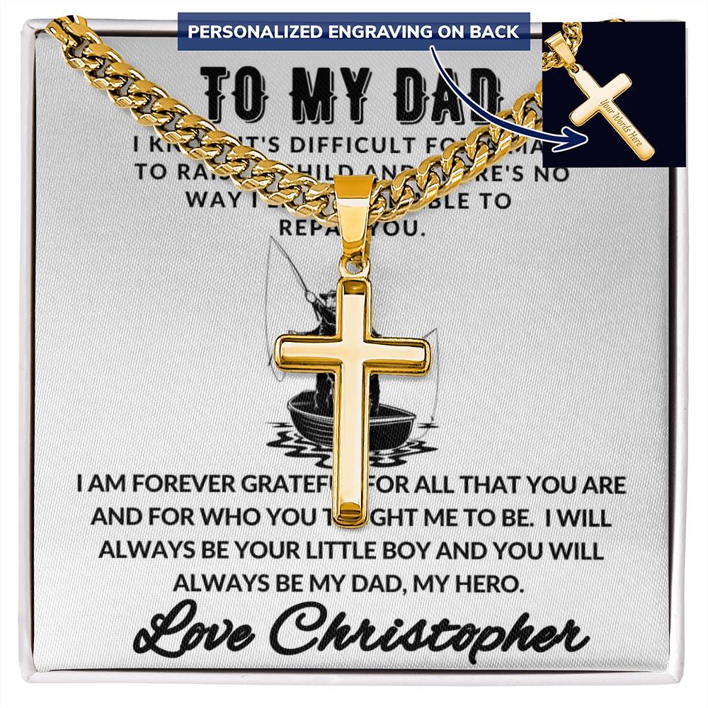 Personalized Dad Fishing Gift - Cuban Chain Necklace with Cross