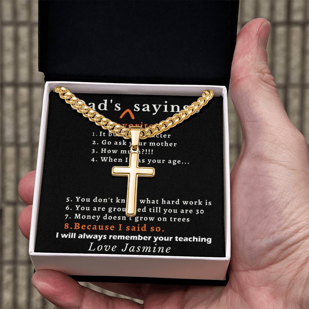 Personalized Dads Favorite Sayings Gift - Cuban Chain Necklace with Cross