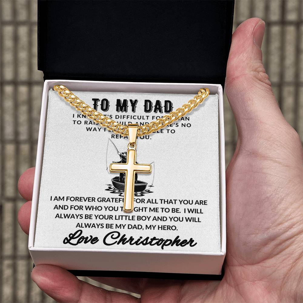 Personalized Dad Fishing Gift - Cuban Chain Necklace with Cross