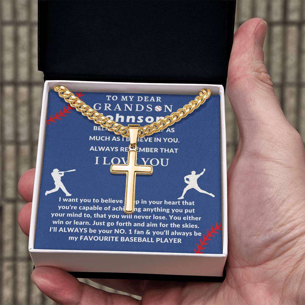 Personalized Baseball Fan Gift for Grandson Believe in Yourself - Cuban Link Chain Necklace with Cross