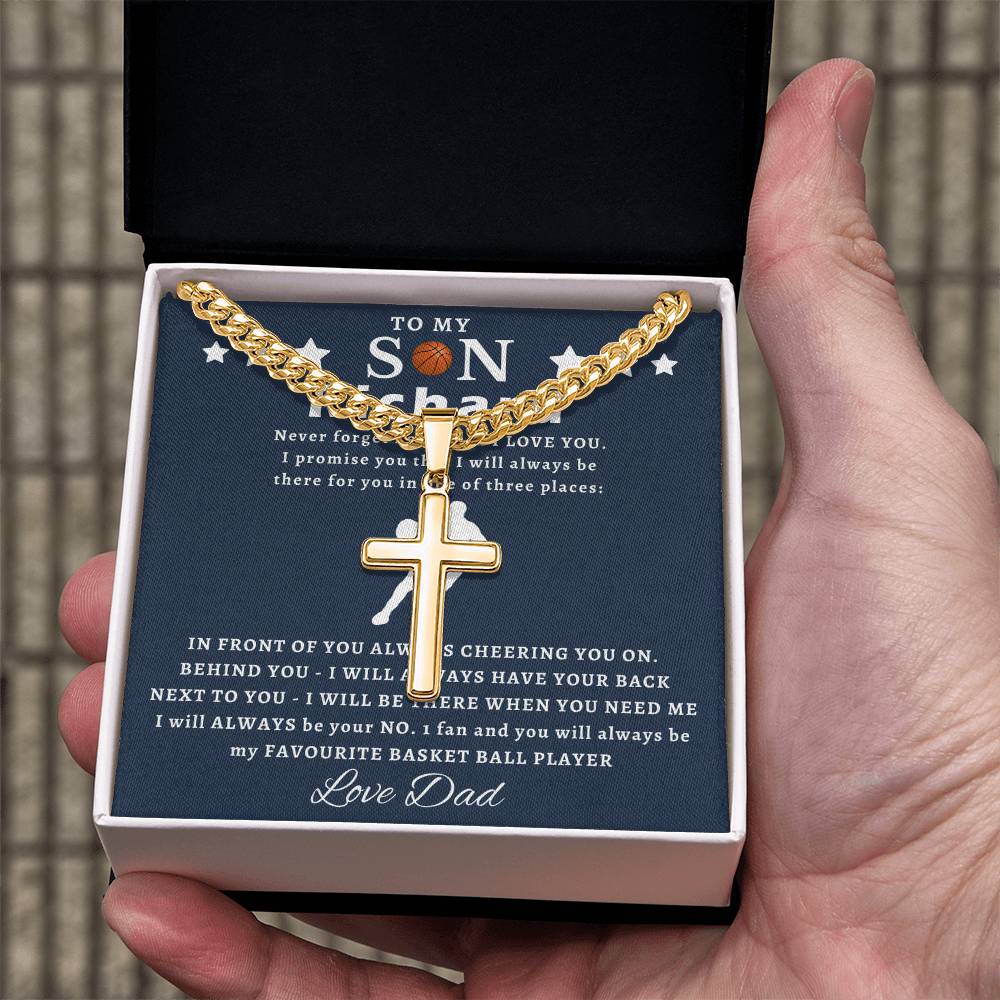 Personalized Gift for Basketball Lover Son - Cuban Link Chain Necklace with Cross