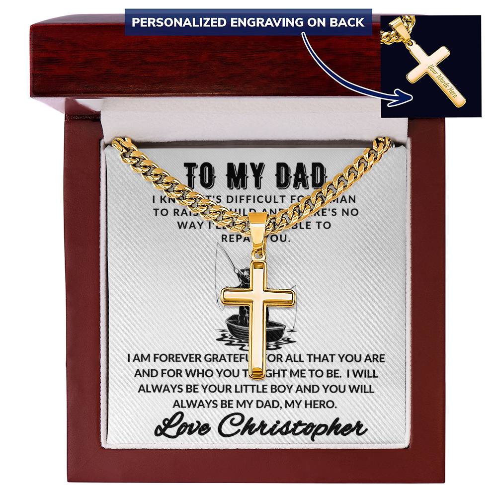 Personalized Dad Fishing Gift - Cuban Chain Necklace with Cross