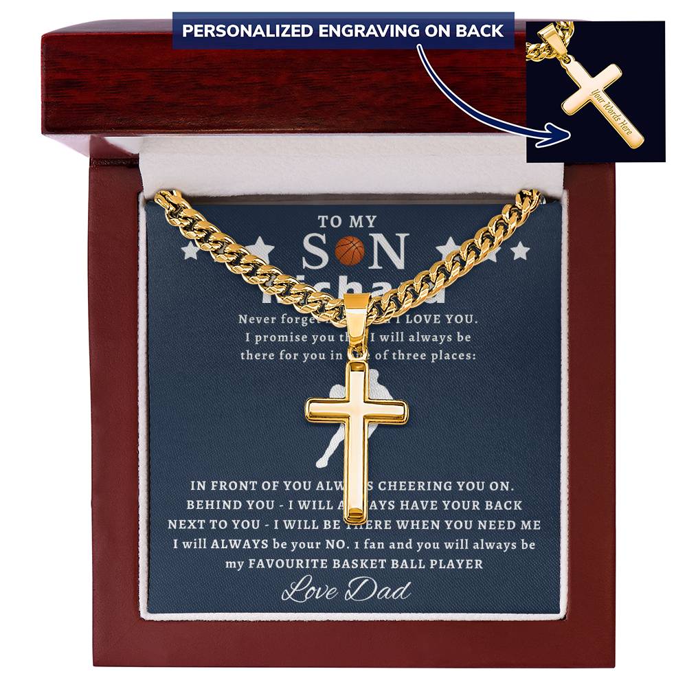 Personalized Gift for Basketball Lover Son - Cuban Link Chain Necklace with Cross