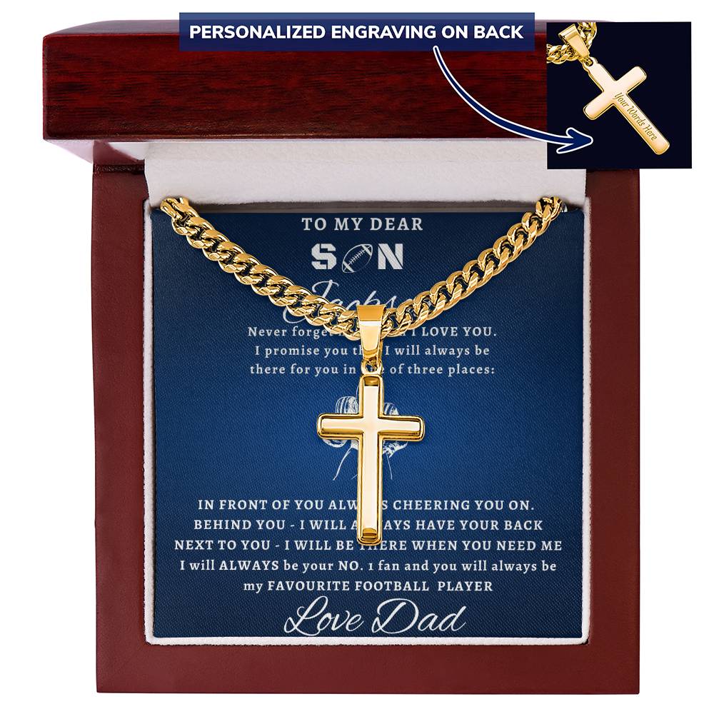 Personalized Gift for Football Lover Son - Cuban Link Chain Necklace with Cross