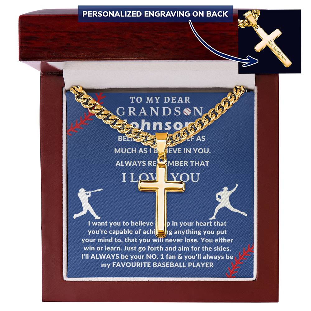 Personalized Baseball Fan Gift for Grandson Believe in Yourself - Cuban Link Chain Necklace with Cross