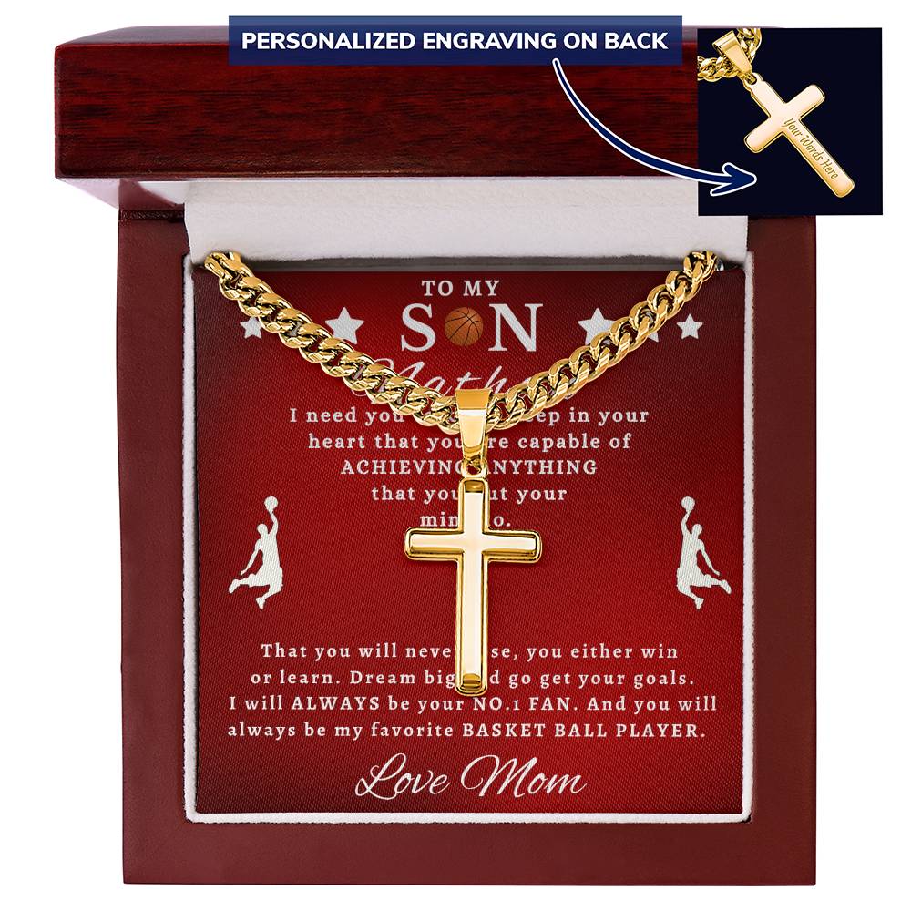 Personalized Gift for Son Basketball Game Lover - Cuban Link Chain Necklace with Cross