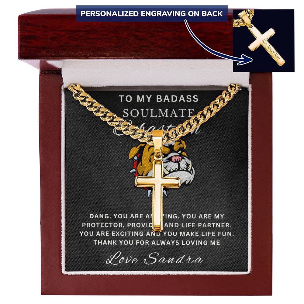 Personalized Gift for Husband Badass Soulmate - Cuban Link Chain Necklace with Cross