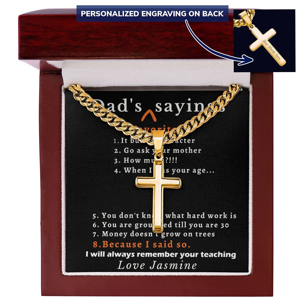 Personalized Dads Favorite Sayings Gift - Cuban Chain Necklace with Cross
