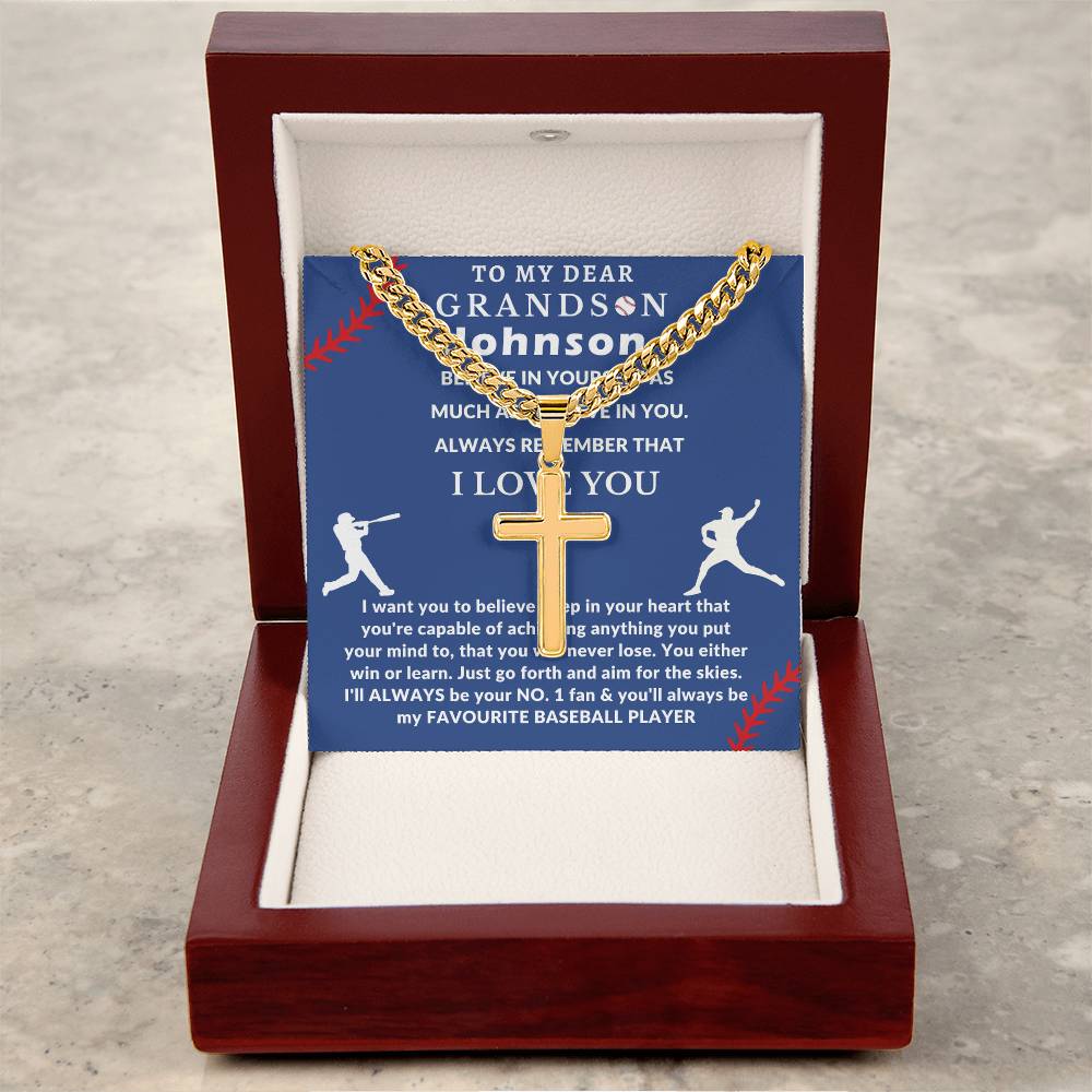 Personalized Baseball Fan Gift for Grandson Believe in Yourself - Cuban Link Chain Necklace with Cross