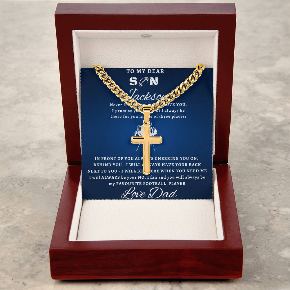 Personalized Gift for Football Lover Son - Cuban Link Chain Necklace with Cross