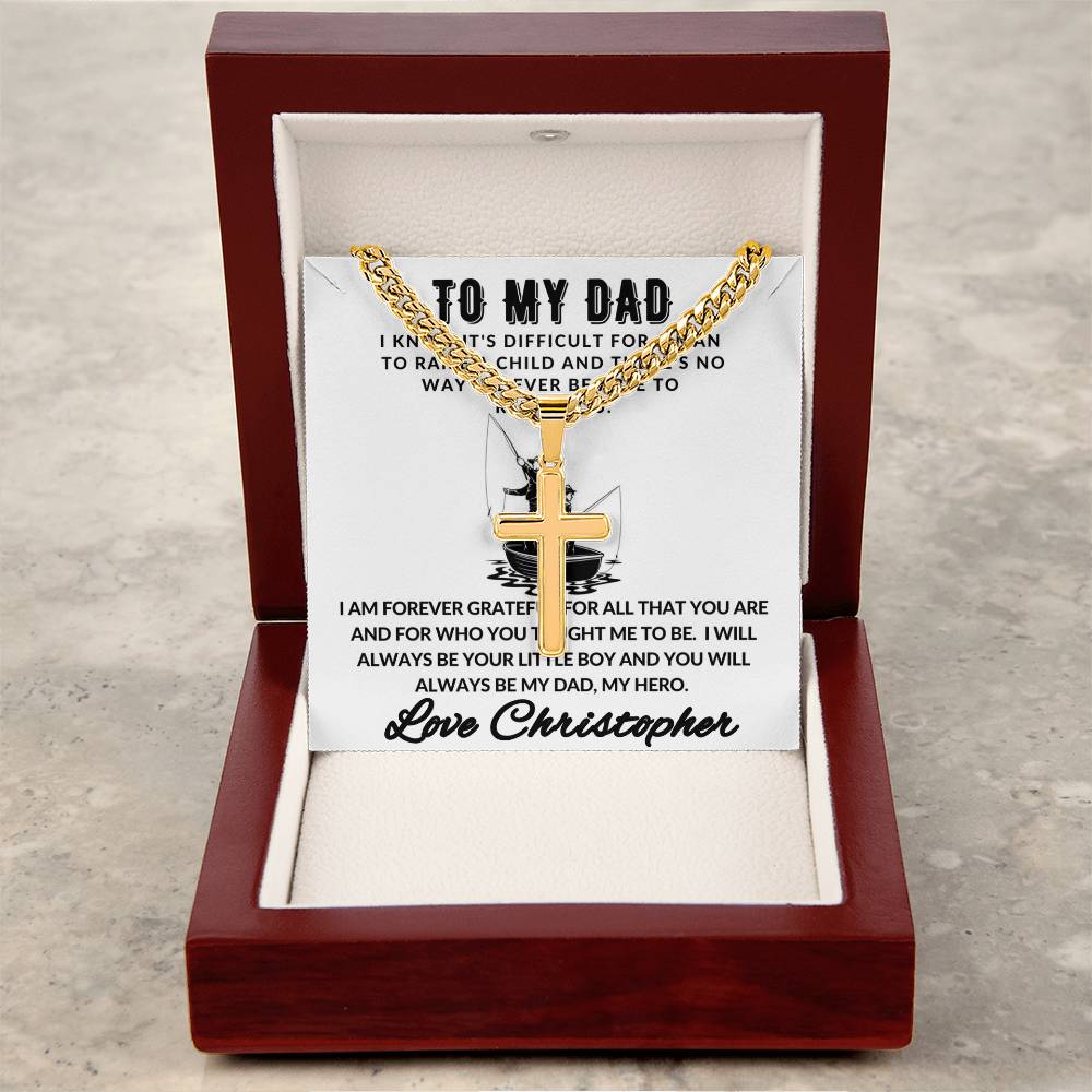 Personalized Dad Fishing Gift - Cuban Chain Necklace with Cross