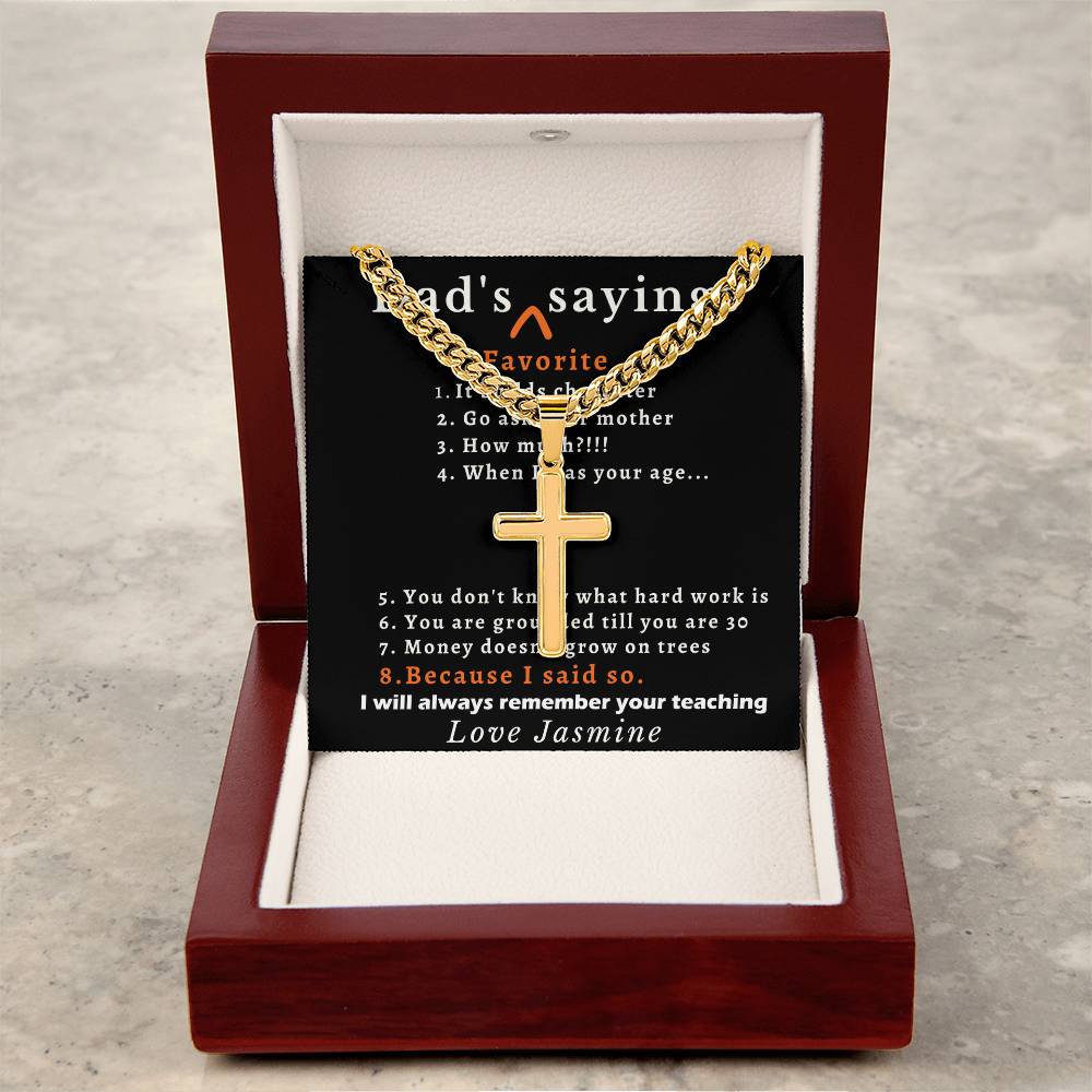 Personalized Dads Favorite Sayings Gift - Cuban Chain Necklace with Cross